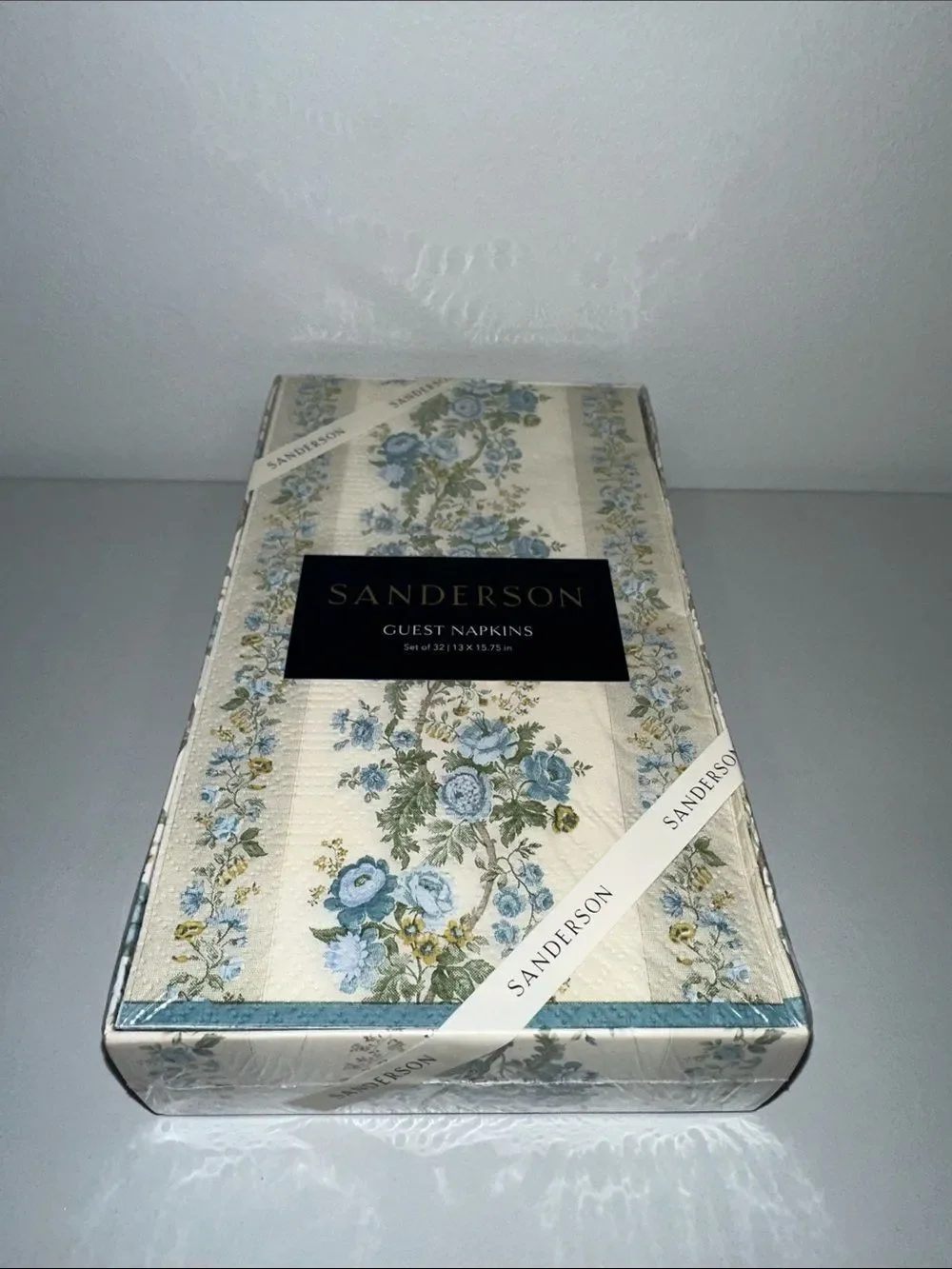 SANDERSON ivory blue green yellow floral vines 32 Guest Paper Napkins in a Box